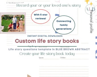 Life Story Book Template: Blue Abstract Memory Journal (Digital Download)