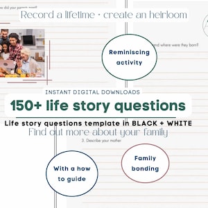 150+ Life Story Questions BLACK BANDING design | printable legacy workbook | biography dementia activity | mum dads story | timeless gift
