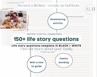 Mais de 150 perguntas sobre histórias de vida Design BLACK BANDING | livro de exercícios de legado para impressão | atividade de biografia sobre demência | história de mãe e pai | presente atemporal