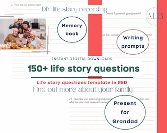 May include: A red and white printable worksheet with the text "DIY life story recording" and "150+ life story questions". The worksheet is designed to help people record their family history.