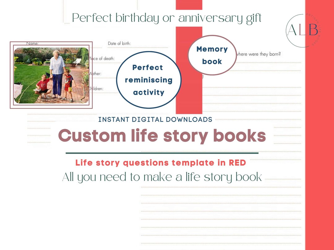 Red Life Story Book Template Printable Memory Journal (digital