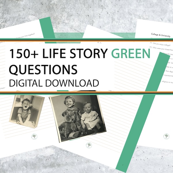 Printable legacy memory workbook | 150+ Life Story Questions GREEN | instant digital download | biography dementia activity | mum dads story