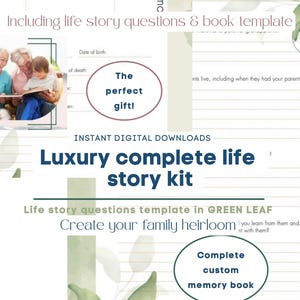 Puede incluir: Una descarga digital para un kit de historia de vida completo de lujo. El kit incluye una plantilla de hoja verde para crear un libro de recuerdos de herencia familiar. La imagen muestra a una familia leyendo un libro juntos. El texto en la página dice "¡El regalo perfecto!" y "Kit de historia de vida completo de lujo".