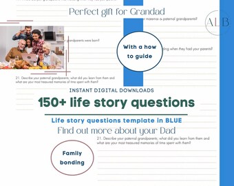 Conte histórias para mamãe e papai Mais de 150 perguntas sobre histórias de vida AZUL | download digital instantâneo | pasta de trabalho de memória legada para impressão | atividade de biografia