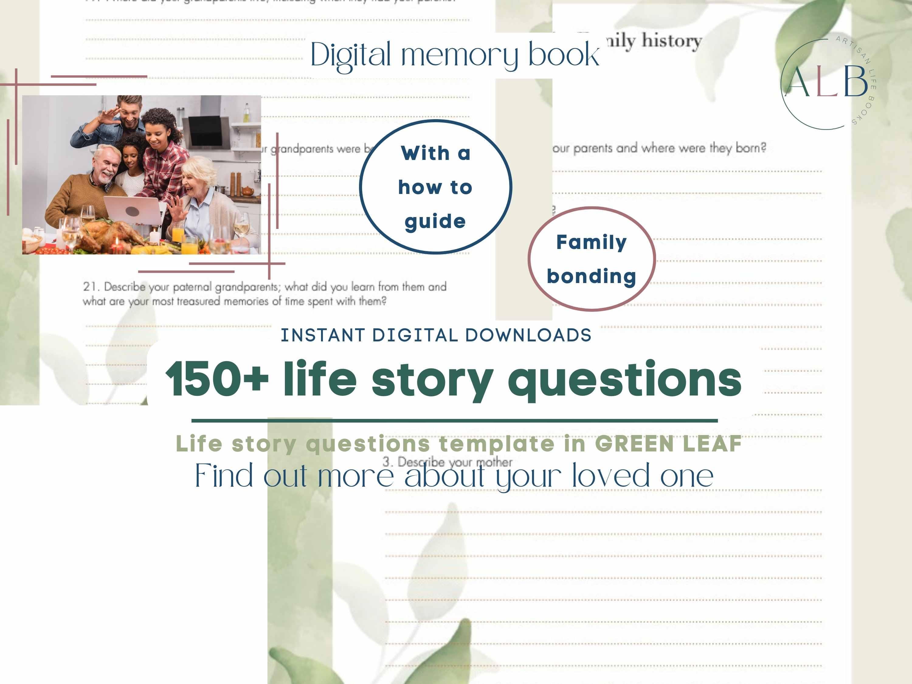 Mais de 150 perguntas sobre história de vida digital Borda de folha verde | download instantâneo | pasta de trabalho legada para impressão | atividade de biografia | história dos avós