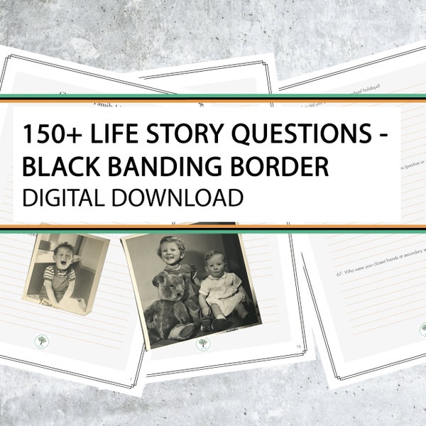 150+ Life Story Questions BLACK BANDING design | printable legacy workbook | biography dementia activity | mum dads story | timeless gift