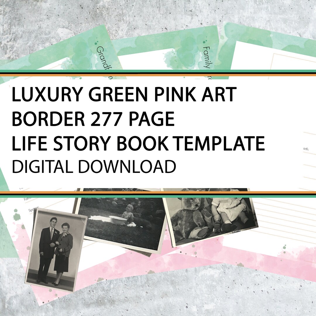 Luxury 277 Page Life Story Book Template GREEN PINK Art BORDER Instant luxury-277-page-life-story-book-template-green-pink-art-border-instant