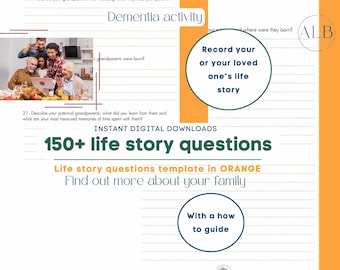 May include: A printable worksheet with a photo of a family looking at a laptop. The worksheet is titled "Dementia activity" and includes the text "Record your or your loved one's life story" and "150+ life story questions".