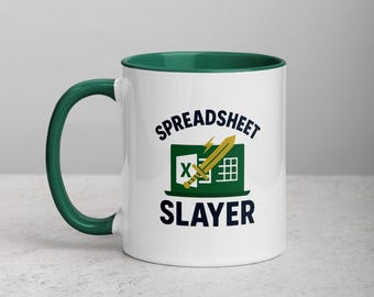 Spreadsheet Slayer Mug, Funny Accountant Gift, 11 oz Excel Coffee Cup for Data Analysts, CPAs, and Office Warriors