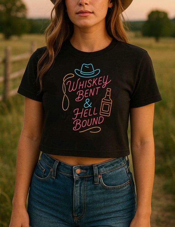 Whiskey Bent & Hell Bound Crop Top, Country Music Shirt, Honky Tonk Tee, Western Outlaw Top, Retro Cowgirl Concert Shirt