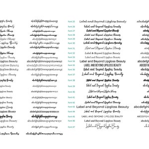 May include: A white background displays 47 font samples, each showcasing "Label and Beyond Lipgloss Beauty" in various styles. Each font is paired with a lowercase alphabet example, offering a visual guide to the typography.