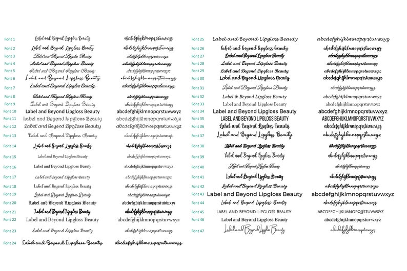 May include: A white background displays 47 font samples, each showcasing "Label and Beyond Lipgloss Beauty" in various styles. Each font is paired with a lowercase alphabet example, offering a visual guide to the typography.
