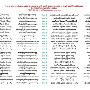 May include: A font guide featuring various font styles for the brand "Label and Beyond Lipgloss Beauty." The guide showcases different fonts, including cursive and uppercase options, with corresponding lowercase alphabets for each font style.