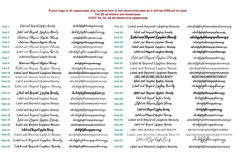 May include: A font guide featuring various font styles for the brand "Label and Beyond Lipgloss Beauty." The guide showcases different fonts, including cursive and uppercase options, with corresponding lowercase alphabets for each font style.