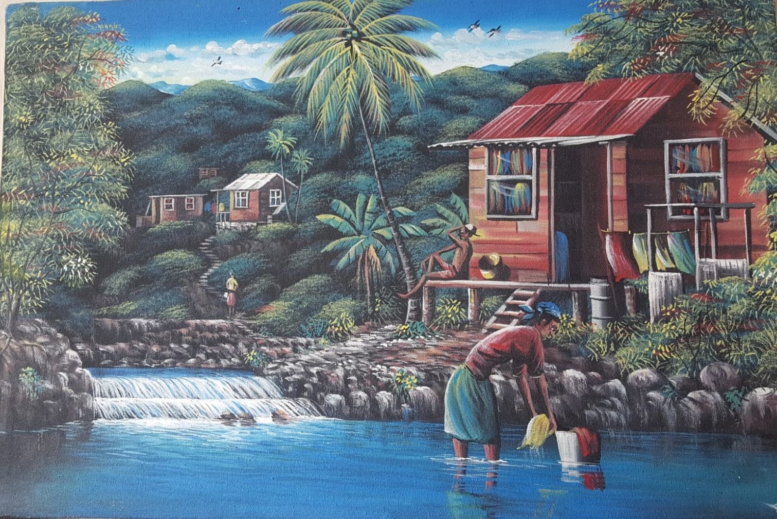 Painting of rural Jamaica woman washing clothes in a river Etsy