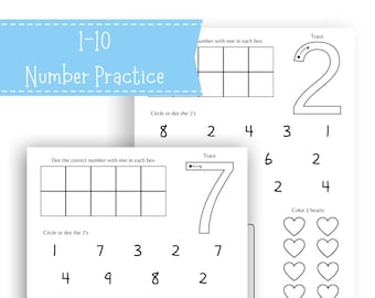 Nummer oefenwerkbladen, voorschoolse wiskunde printables, kleuterschool wiskunde printables, tellen praktijk, wiskunde werkbladen, nummer werkbladen