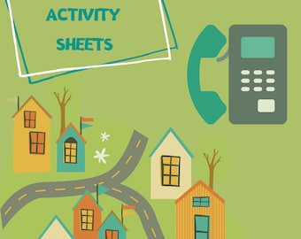 May include: A printable worksheet for kids to practice writing addresses and phone numbers. The worksheet features a colorful illustration of a town with houses and a road. The text "ADDRESS & PHONE NUMBER ACTIVITY SHEETS" is at the top of the page. The text "alliKat KIDS" is at the bottom of the page.