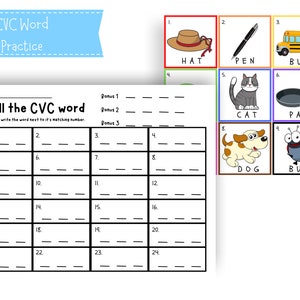 May include: A printable worksheet for children to practise spelling CVC words. The worksheet has 24 numbered boxes with lines for writing the words. There are 9 colourful picture cards with CVC words: hat, pen, bus, cat, pan, dog, bug. The worksheet also has a section for bonus words.