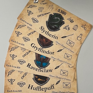 May include: Four cards with different Harry Potter house crests. Each card has a crest, the house name, and the text "Robyn's Budget of Dreams". Each card also has a variety of icons, including a feather, a key, a wand, a snake, a house elf, a broom, a potion bottle, and a pair of glasses. The text "Each Icon $20" is on each card.