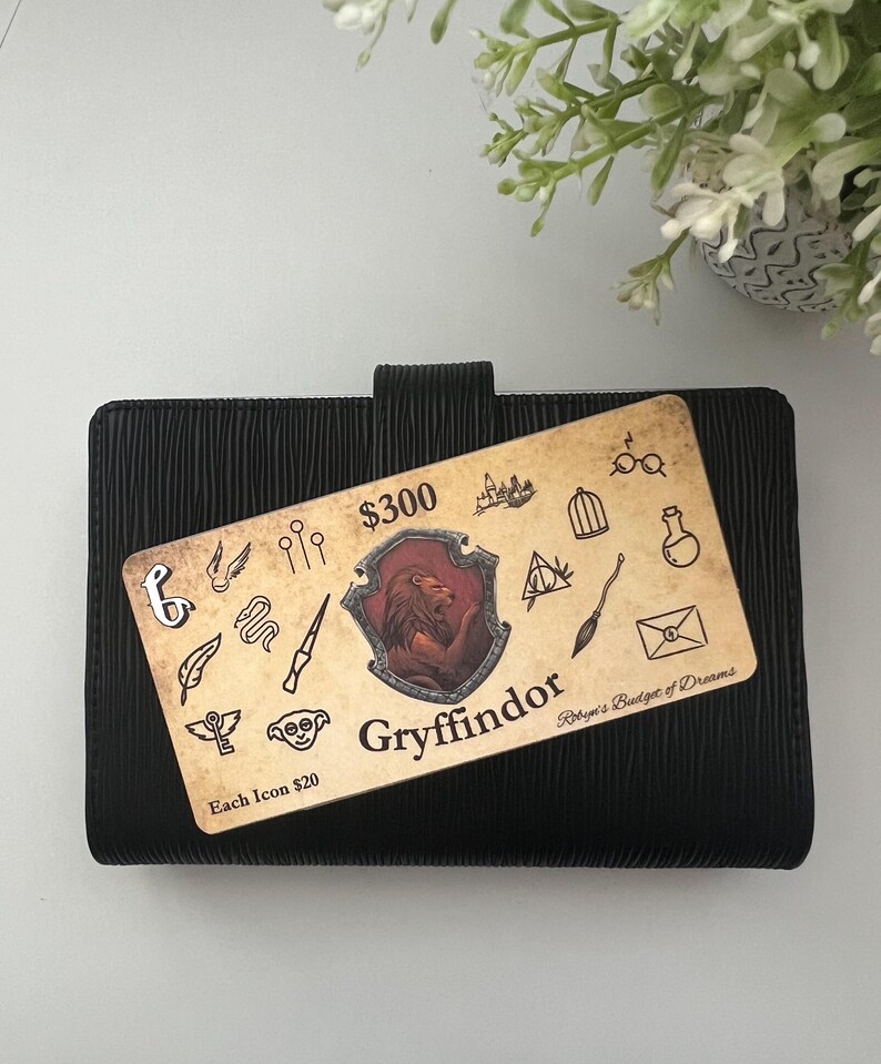 May include: A Gryffindor themed planner with a $300 price tag and a list of icons for $20 each. The planner has a black cover with a textured design. The Gryffindor crest is featured prominently on the planner.