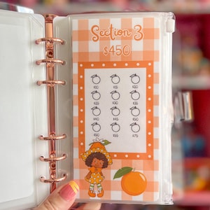May include: A clear plastic binder with a rose gold metal spine, holding a savings tracker. The tracker features a gingham pattern with the text "Section 3 $450". It includes illustrations of oranges and amounts from $10 to $75.