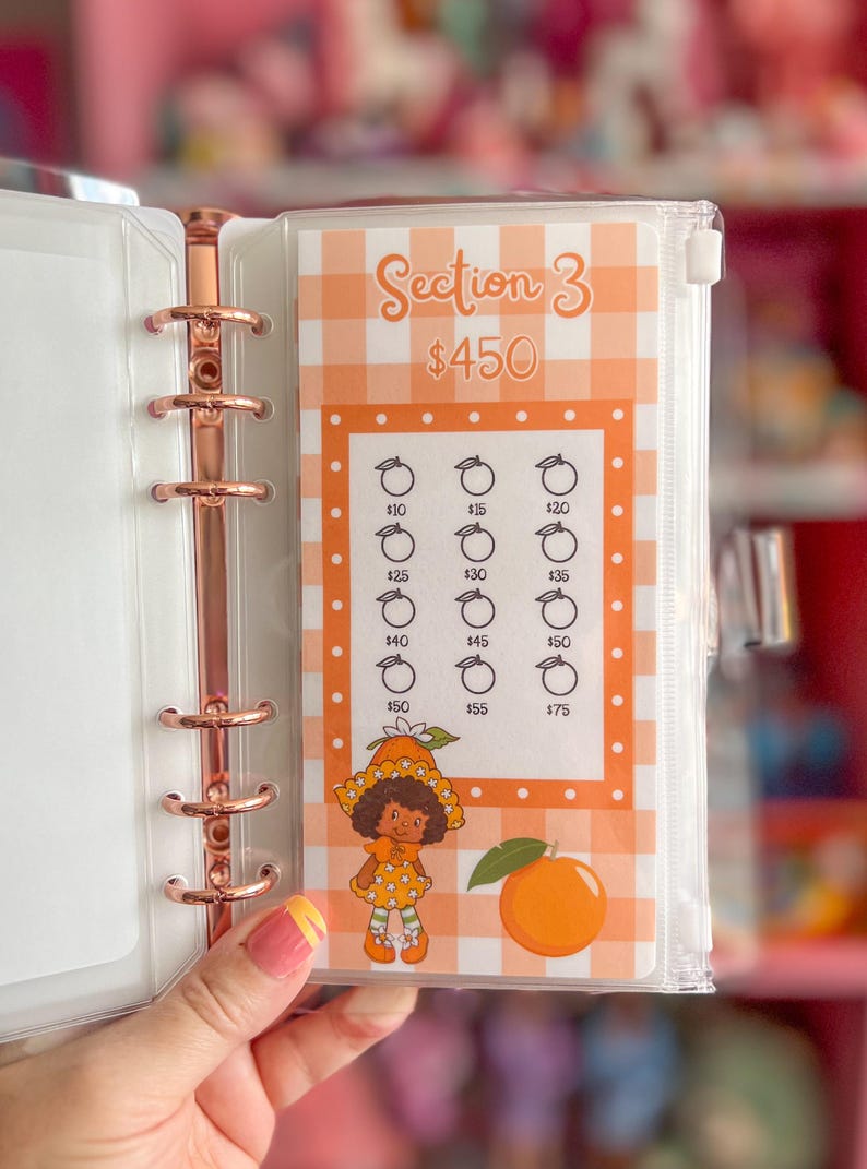 May include: A clear plastic binder with a rose gold metal spine, holding a savings tracker. The tracker features a gingham pattern with the text "Section 3 $450". It includes illustrations of oranges and amounts from $10 to $75.