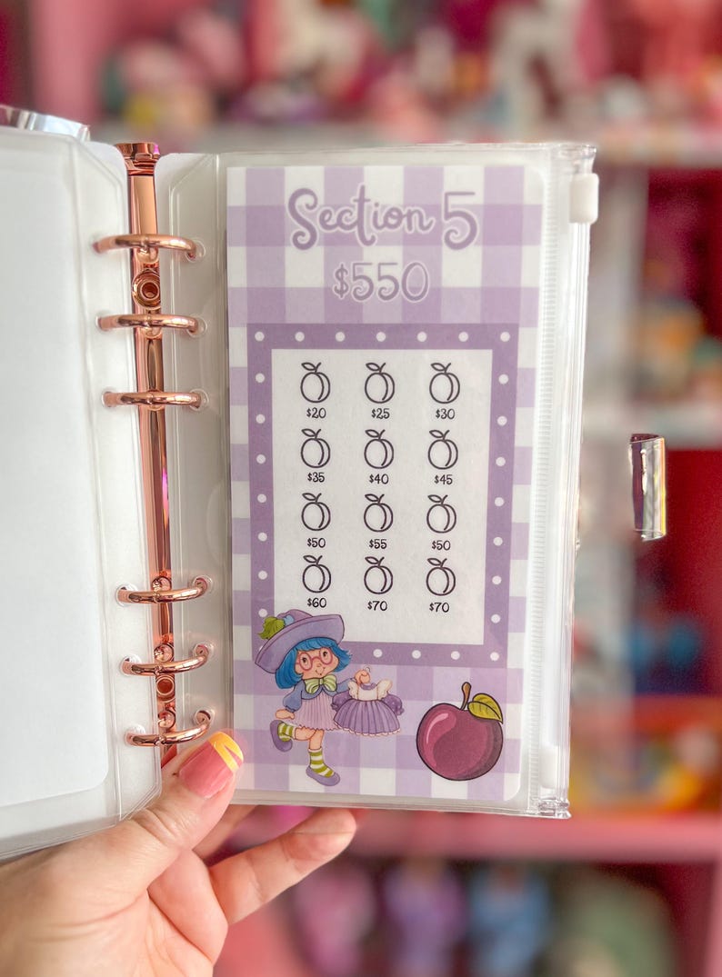 May include: A clear plastic budget binder insert with a purple gingham pattern and the text "Section 5 $550". The insert features illustrations of peaches and a cartoon character. The binder has a rose gold spine.