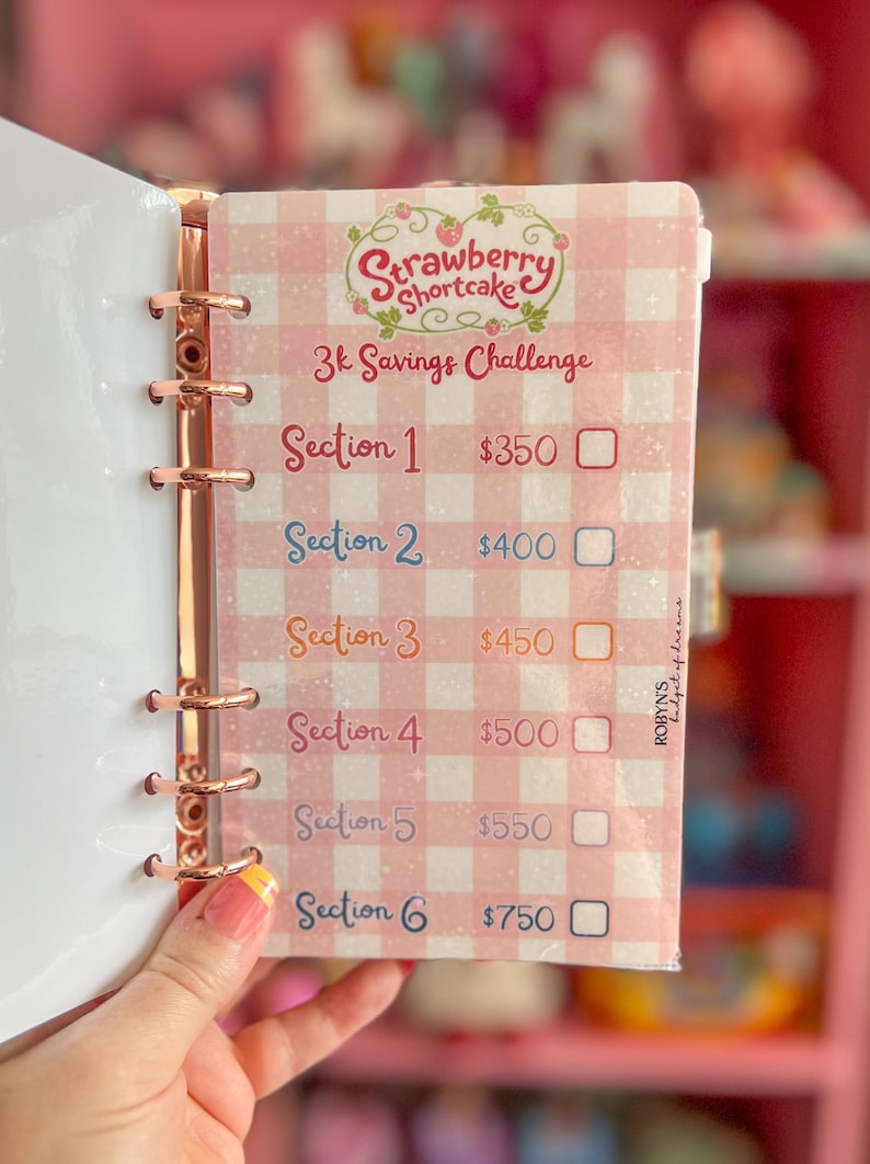 May include: A pink and white gingham savings challenge sheet with the Strawberry Shortcake logo. The sheet is divided into sections with amounts ranging from $350 to $750. The sheet is held in a rose gold binder.