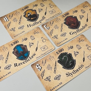 May include: Four different Harry Potter house crests with a $300 value and the text "Each Icon $20". The crests are for Gryffindor, Hufflepuff, Ravenclaw, and Slytherin. Each crest is surrounded by various Harry Potter themed icons.