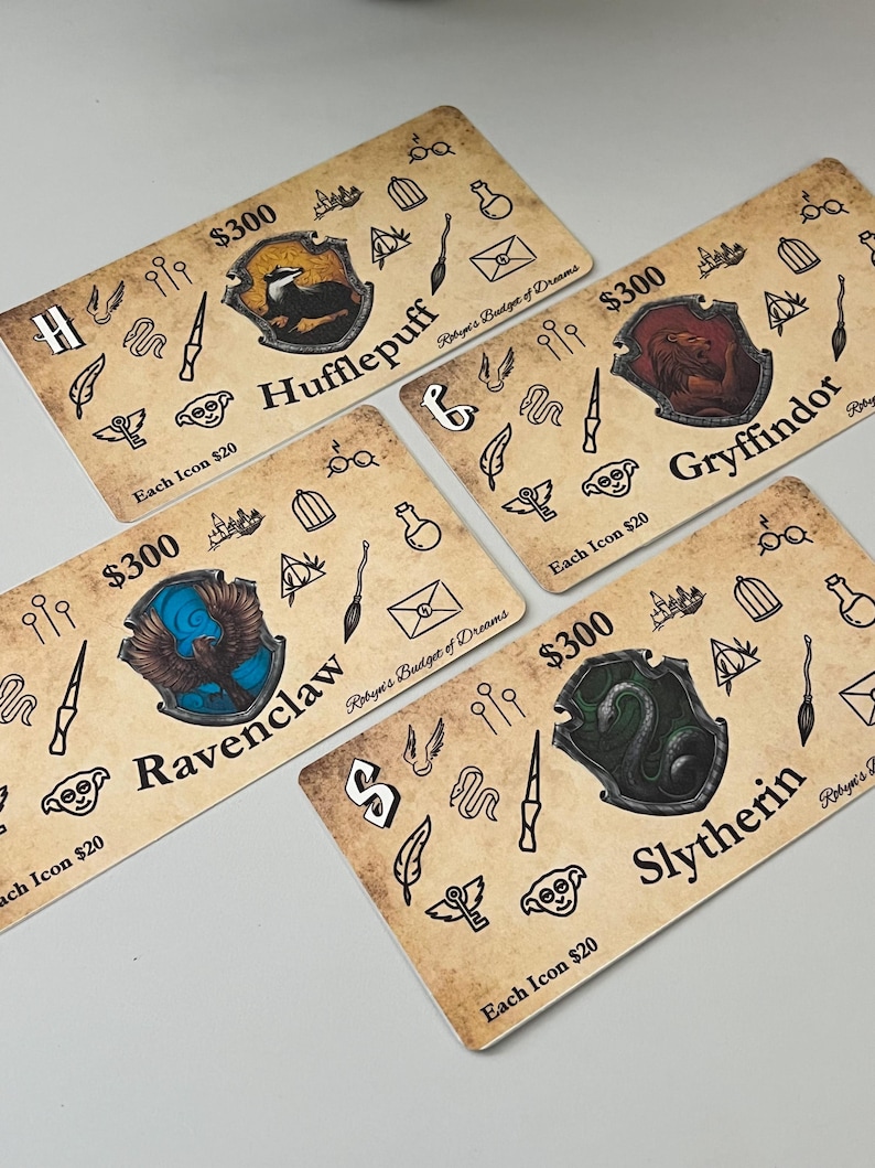 May include: Four different Harry Potter house crests with a $300 value and the text "Each Icon $20". The crests are for Gryffindor, Hufflepuff, Ravenclaw, and Slytherin. Each crest is surrounded by various Harry Potter themed icons.