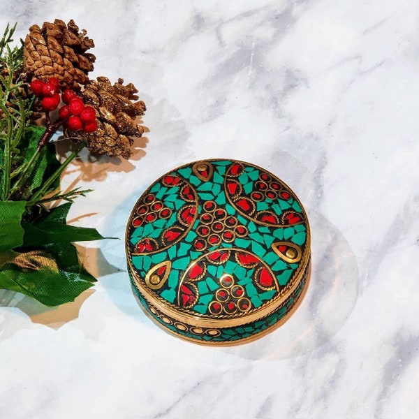 Trinket Box with Lid, Decorative Keepsake Jewelry Box, Tibetan Vintage, Indian Home Office Decor, Christmas Gift, Turquoise Jewelry Box