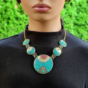 Tribal Handmade Tibetan Stone Necklace, Nepalese Necklace, Coral Red, Turquoise Blue, Nepali Necklace, Tibetan Jewelry, Mosaic Jewelry