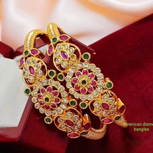 AD Gold Kada Pair/ Indian Bangles/ Antique Gold Bangles/ Indian Jewelry/ South Indian Gold Plated Kade/ Kemp Bangles/ 2.4, 2.6 Size