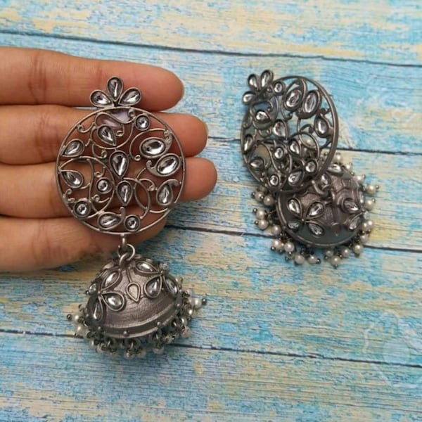Grey - Antique Finish Oxidised German Silver Jhumki Earrings main image 1