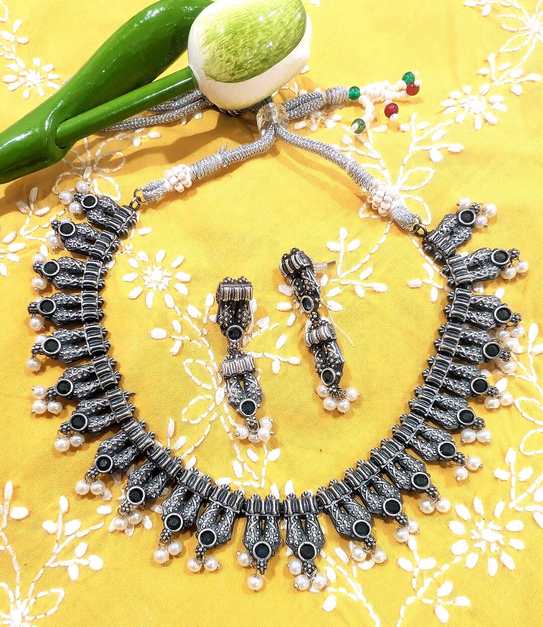 Yellow - Navratri Special! German Silver Shell & Thread Beads Necklace Set 14