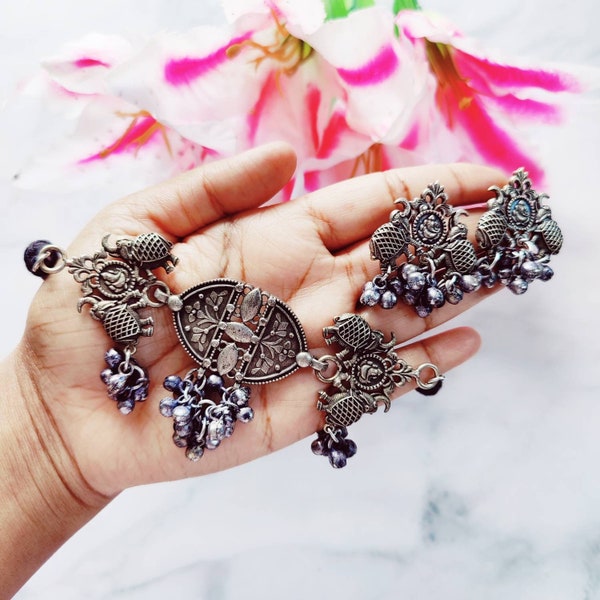 Oxidized German Silver Look Alike Choker Necklace And Earrings Set | Bohemian | Indian Oxidised Jewellery | Gypsy | Afghani | Kuchi Choker