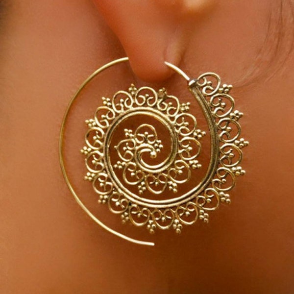 Brass Spiral Earrings / Gypsy / Tribal / Ethnic / Mandala Spiral Earrings Brass Threader Hoops / Boho Hippie Chic Jewelry