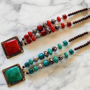 Tribal Tibetan Bead Necklace, Nepal Jewelry, Ethnic, Vintage, Boho Necklace, Chunky Beaded Jewelry, Turquoise Necklace, Gift for her