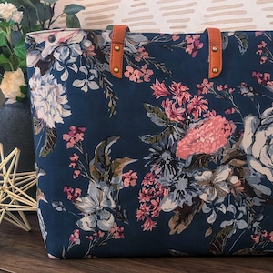 Floral Beach Tote Bag: Large Structured Cotton & Vegan Leather