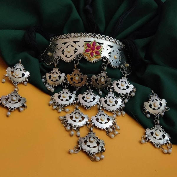 Oxidized Alpaca Silver Look Alike Choker Necklace | German Silver Indian Jewelry Set | Boho Jewelry | Afghani Jewelry | Bollywood Jewelry