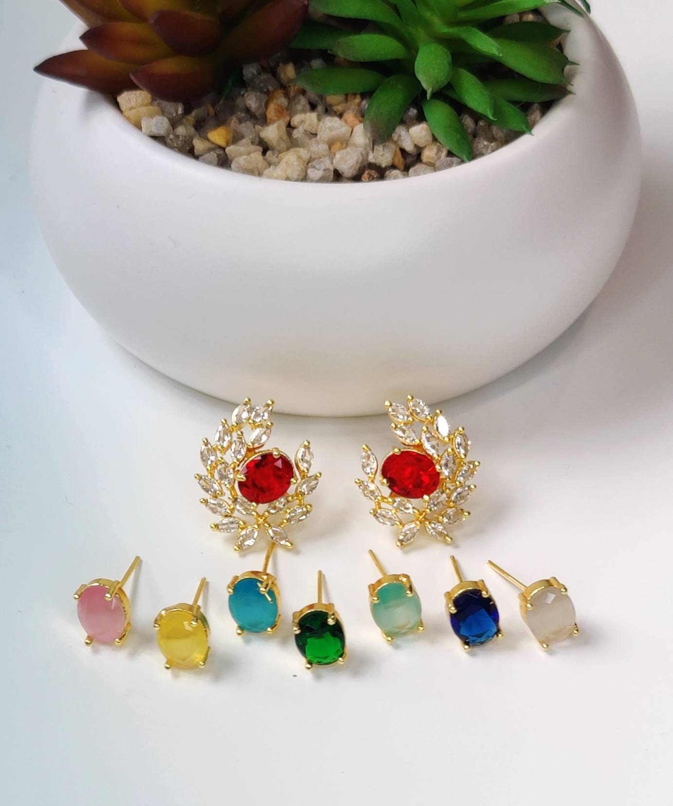 7in1 Gold and Diamond Detachable Earrings with Interchangeable Emeralds   Rubies Can be worn