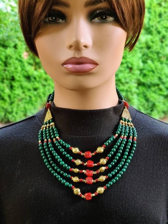 Black with Silver Beaded Tibetan Necklace and Earrings