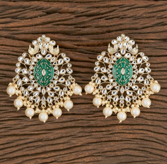 Large Gold Kundan Moti Meena Jhumka Earring Indian Jewelry