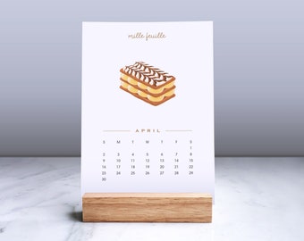 2024 Desk Calendar | European Desserts | 4.5x6.5 in | Hand Drawn Original Illustrations Wood Stand