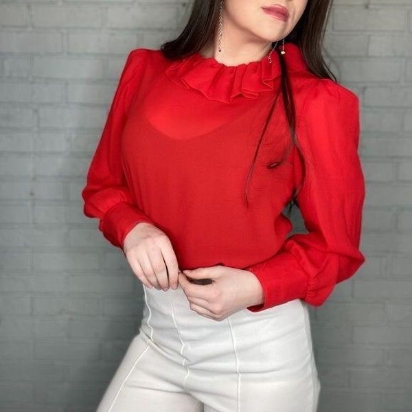 Vintage Red ‘Kassie’ Sheer Ruffle Collar Top Size Medium