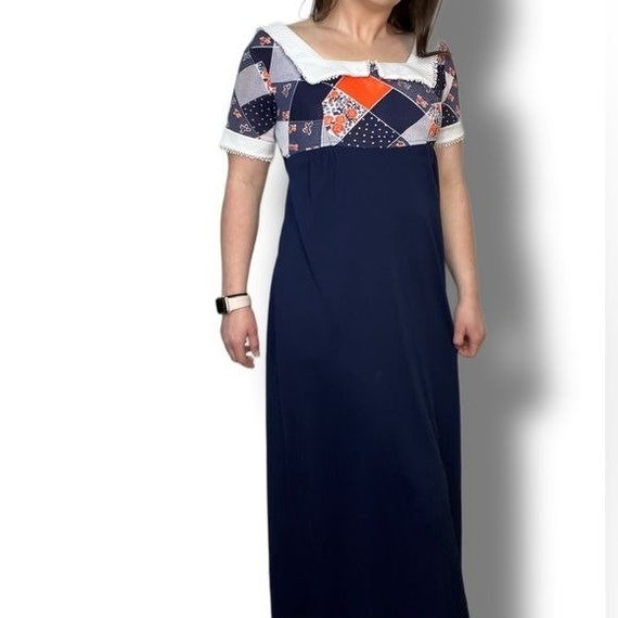 Vintage 70s Maxi Dress Cottage Prairie Style Navy - image 2