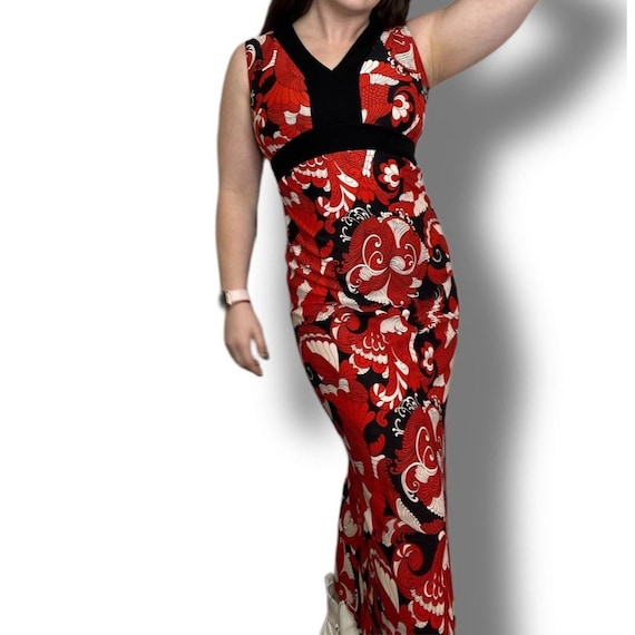 1960s Vintage Mod Long Dress Red, Black, and Whit… - image 1