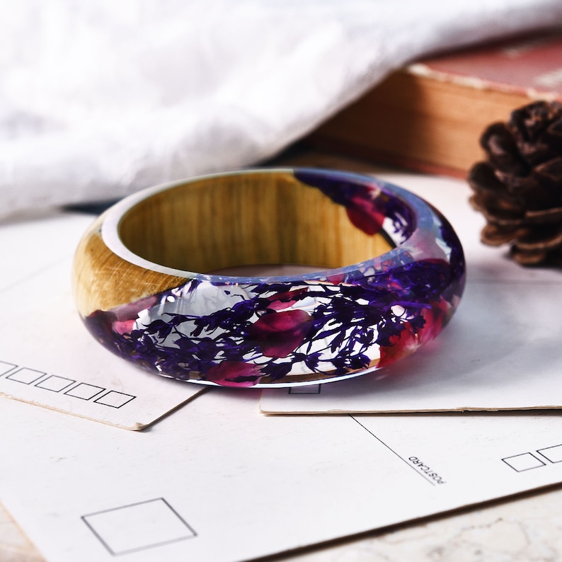 Handmade Clear Eco-Friendly Resin Bracelet Angled Maple Wood Dried Bright Purple Red FlowersPlants Transparent Bangle JewelryByZinzile