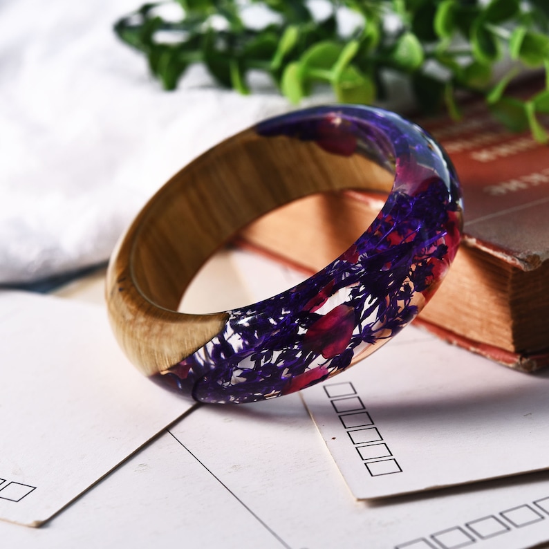 Handmade Clear Eco-Friendly Resin Bracelet Angled Maple Wood Dried Bright Purple Red FlowersPlants Transparent Bangle JewelryByZinzile