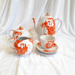 Vintage LFZ Firebird Feather Breakfast set, Coffee cups, saucers, teapot, milk jug, sugar bowl, USSR Lomonosov Factory